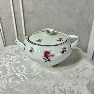 VTG Meito Japan Rosechintz Porcelain Lidded Sugar Bowl Pink Roses Silver Trim